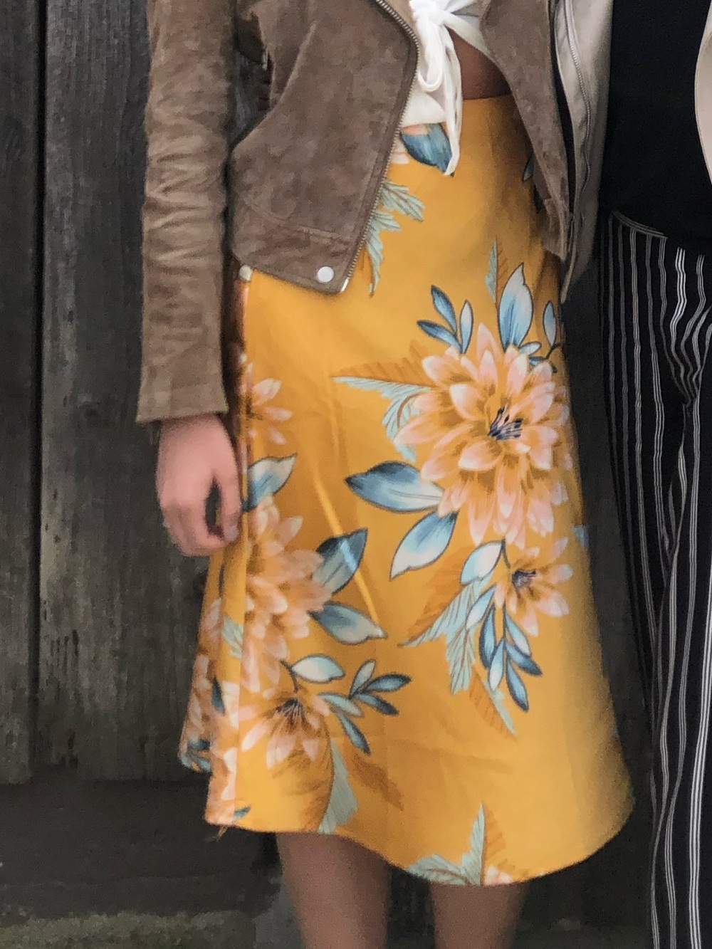 Yellow floral satin midi skirt
